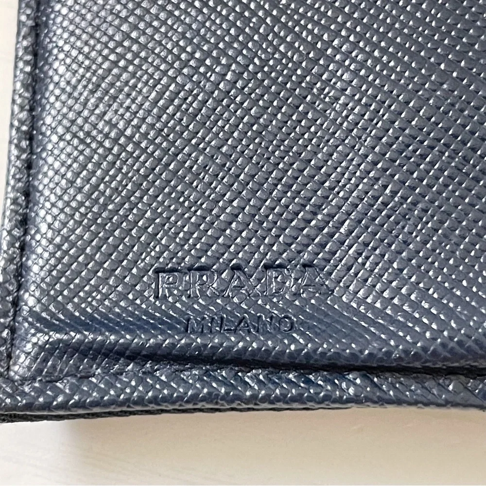 Prada navy blue Tessuto nylon triangle logo trifold medium snap wallet